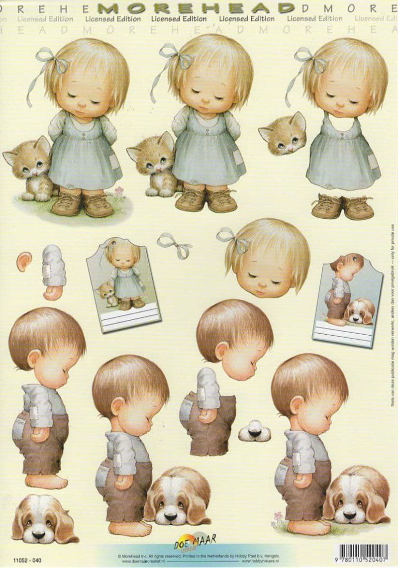 Morehead Little Boy & Girl with a Kitten & Puppy 3D Decoupage Sheet