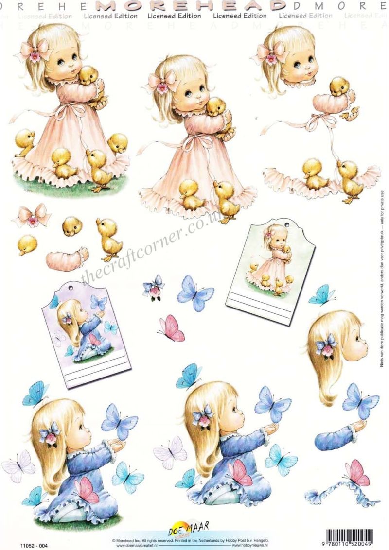 Morehead Little Girls With Butterflies & Ducklings 3D Decoupage Sheet