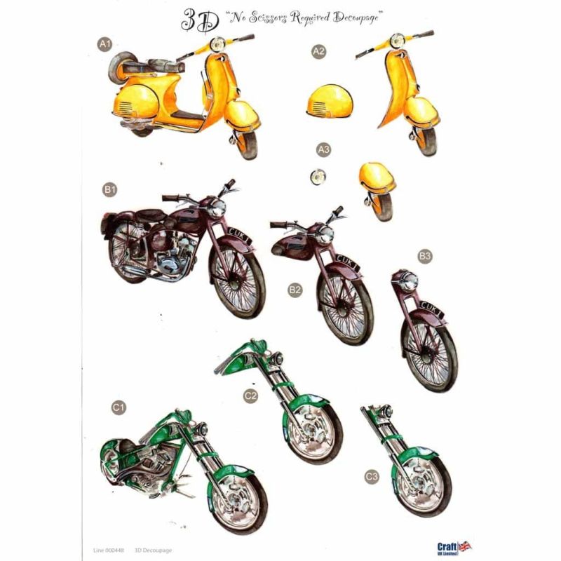 Motorbikes with Foil Accents Die Cut 3d Decoupage Paper Crafting Sheet