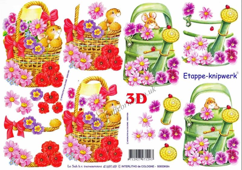 Mouse With Flowers In A Watering Can & A Basket 3d Decoupage Sheet