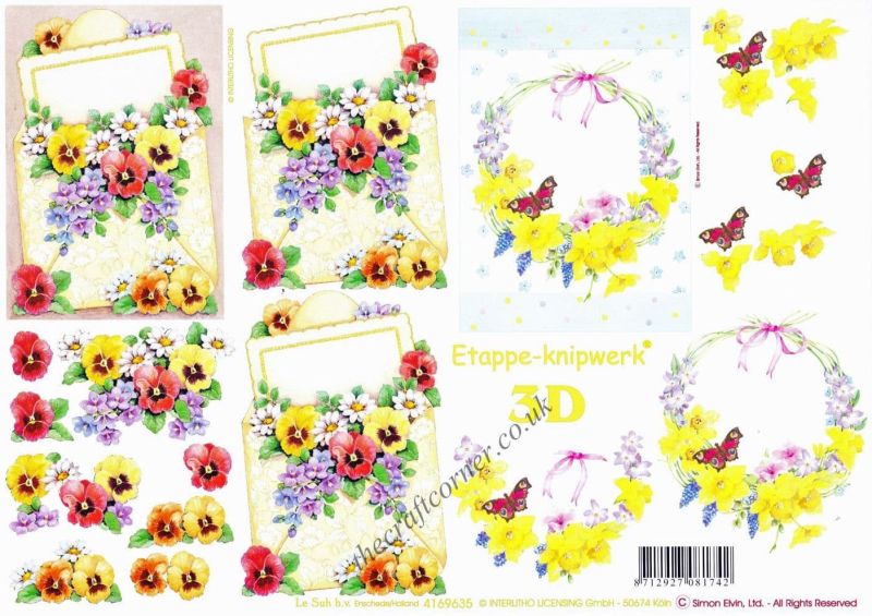 Pansy & Daffodil Flowers With A Butterfly 3d Decoupage Sheet