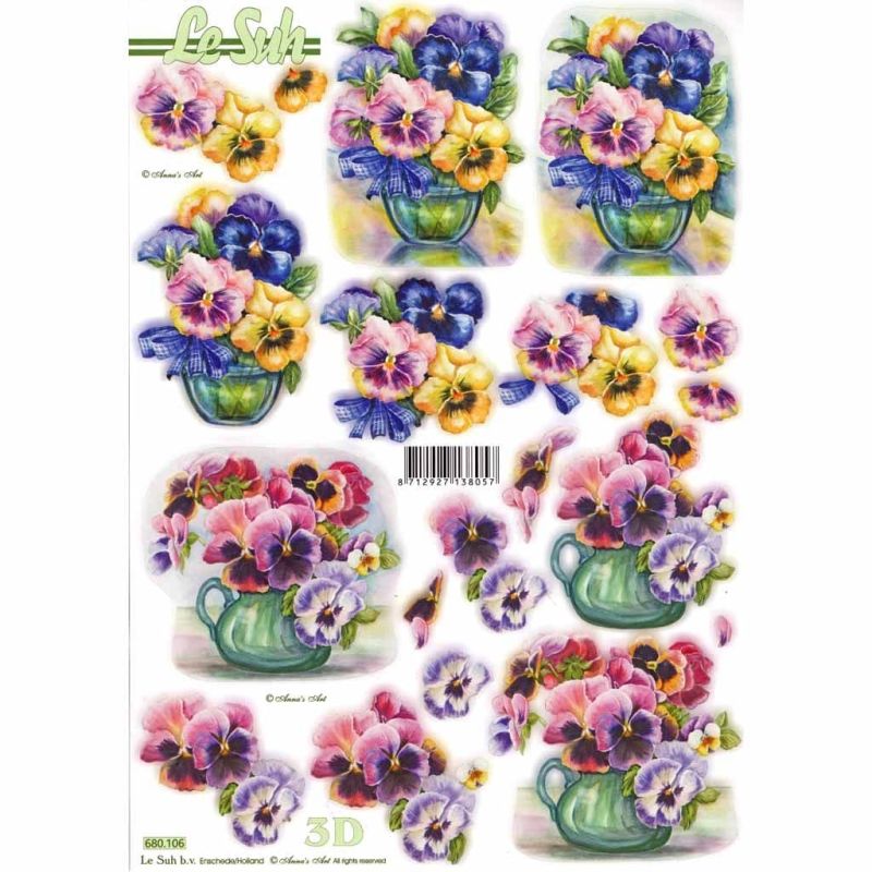 Pansy Flowers In Vases Die Cut 3d Decoupage Sheet From Le Suh - NO CUTTING