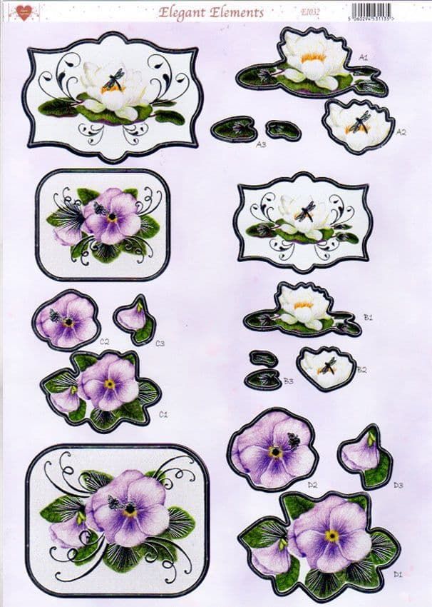 Pansy & Water Lily Elegant Elements Silver Foiled Die Cut 3d Decoupage Sheet From Craft UK Ltd