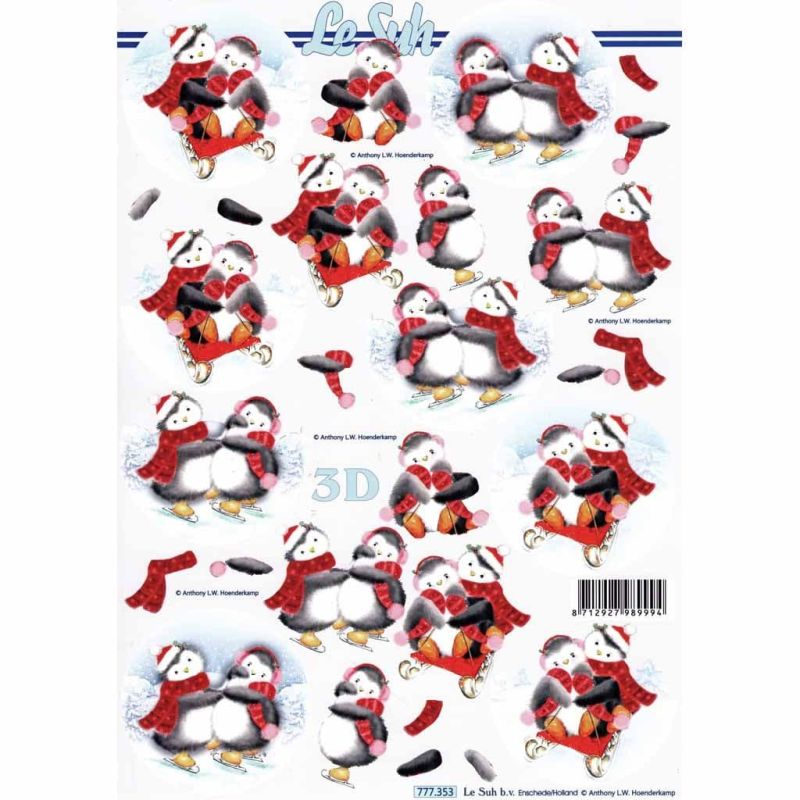 Penguins Ice Skating & Sledging Paper Crafting 3d Decoupage Sheet