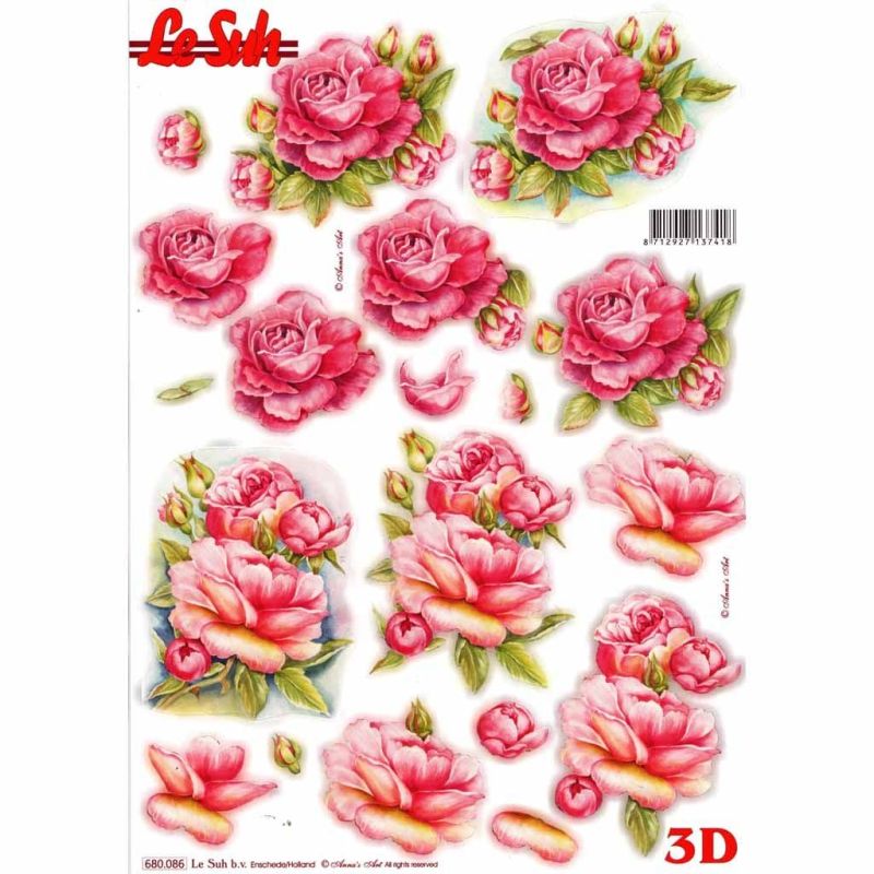 Pink Roses Die Cut 3d Decoupage Sheet From Le Suh - NO CUTTING