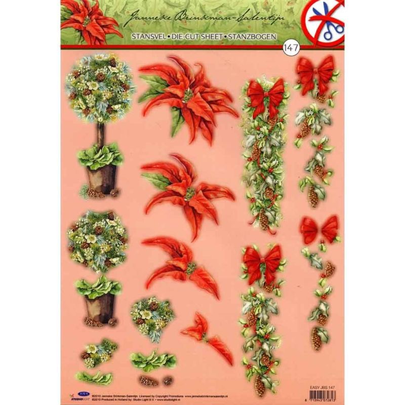 Poinsettia & Christmas Garland Flowers Die Cut 3d Decoupage Sheet - NO CUTTING