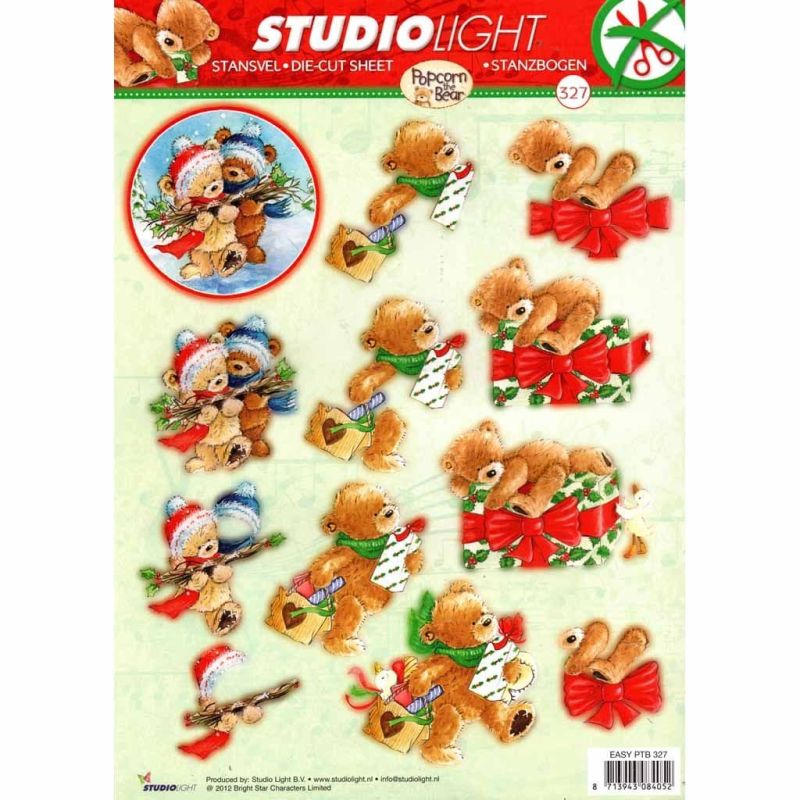 Popcorn The Bear Christmas 327 3D Decoupage Die Cut Sheet - No Cutting Required