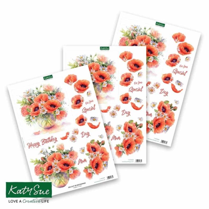 Poppies In Vase 3pk Die Cut 3d Decoupage Craft Sheets by Katy Sue