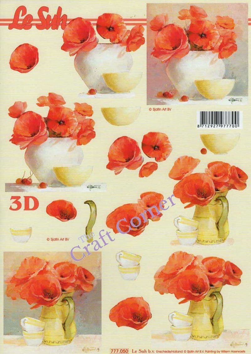 Poppy Flowers In Vases 3d Decoupage Sheet