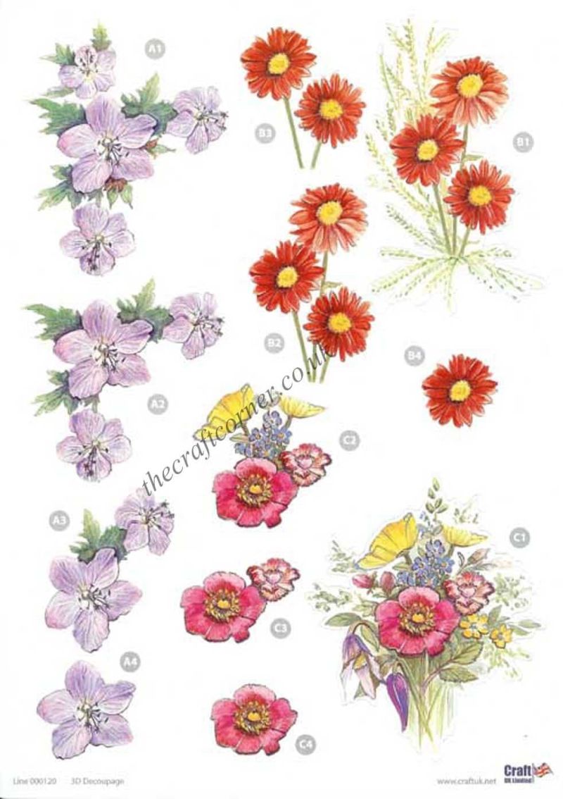 Purple & Red Flowers Die Cut 3d Decoupage Sheet