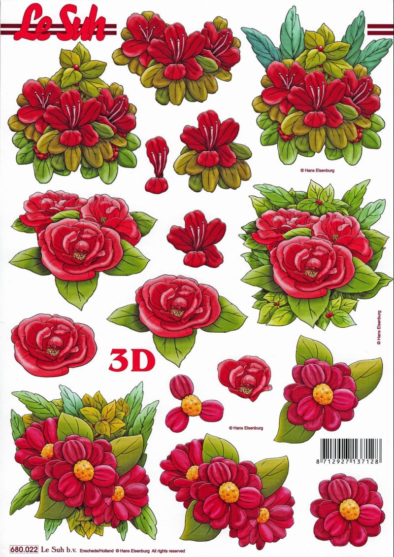 Red Flowers Die Cut 3d Decoupage Sheet - NO CUTTING