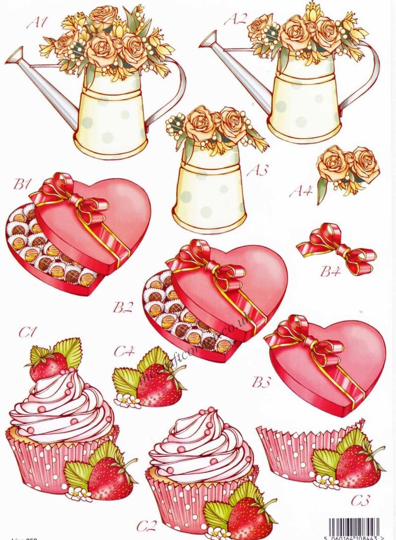 Red Hearts & Cup Cakes Die Cut 3d Decoupage Sheet From Craft UK Ltd