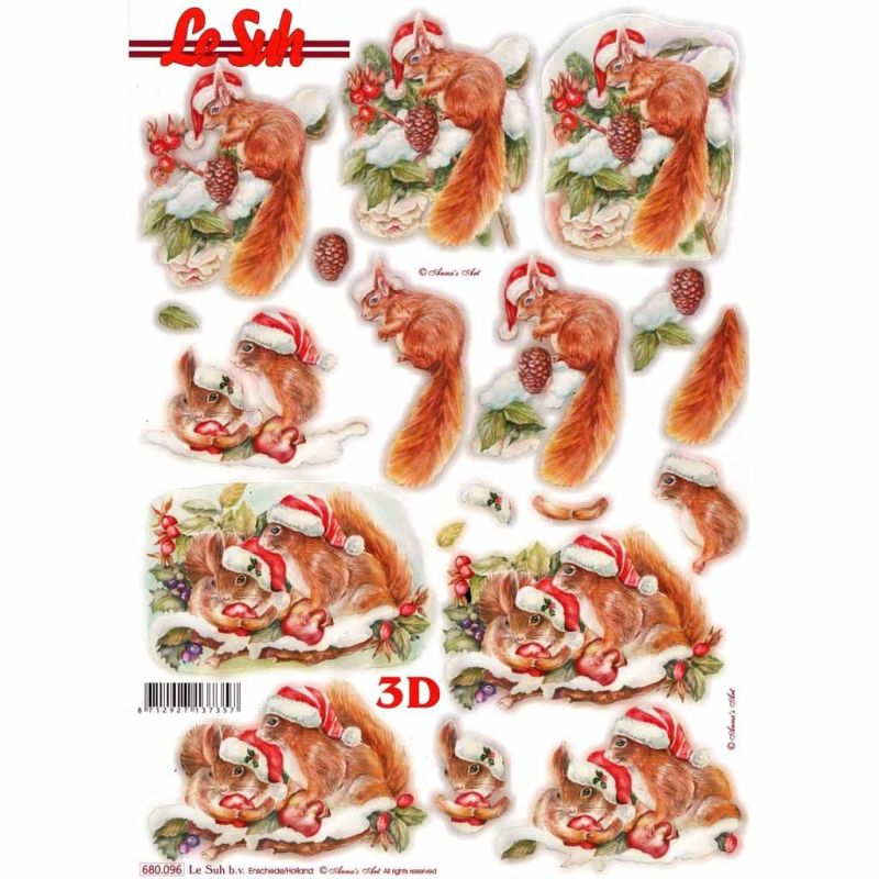 Red Squirrels at Christmas Die Cut 3d Decoupage Sheet From Le Suh - NO CUTTING