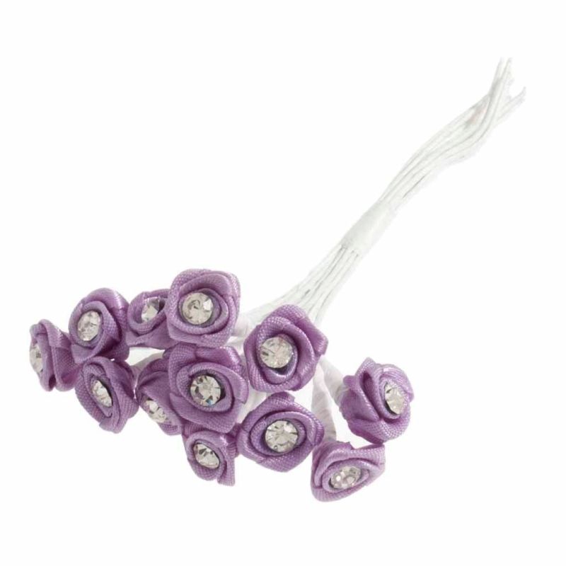 Ribbon Roses With Diamante 13mm With Stems For Crafting - Pk 12