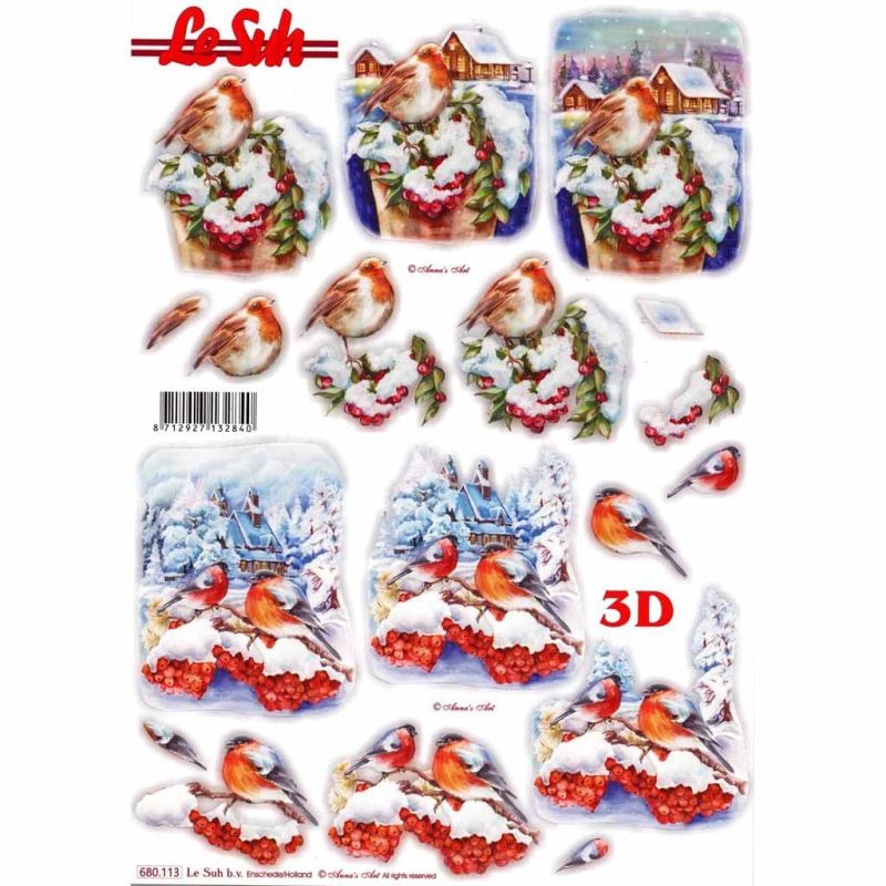 Robin Birds In The Snow Die Cut 3d Decoupage Sheet