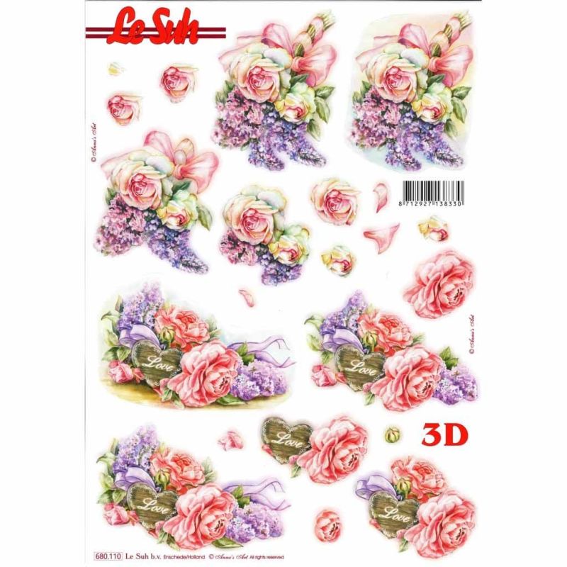 Rose & Lilac Bouquets Die Cut 3d Decoupage Sheet From Le Suh - NO CUTTING