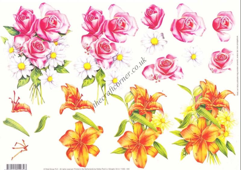 Roses, Daisies & Lilies 3d Decoupage Craft Sheet