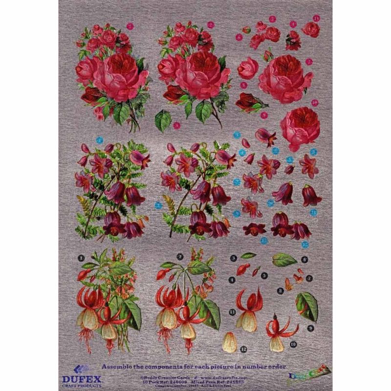 Roses & Fuchsia Flowers 3d Decoupage Sheet From Dufex - Cutting Required