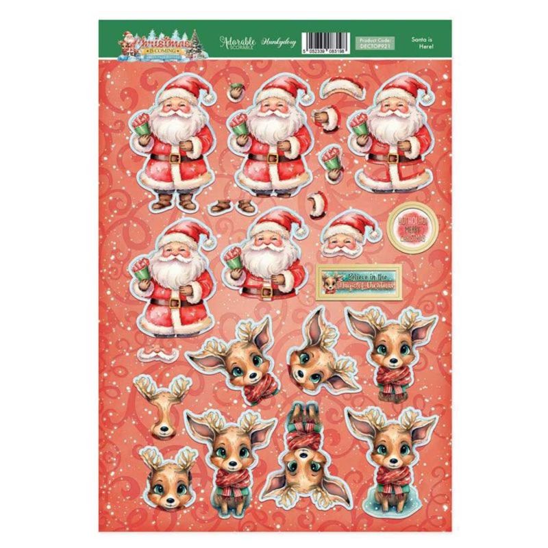 Santa is Here Father Christmas & Reindeer Paper Craft Die Cut 3d Decoupage