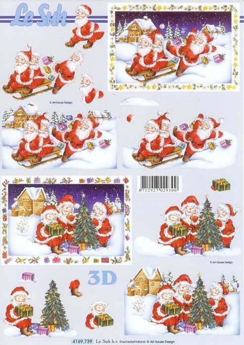 Santas Playing In The Snow 3d Decoupage Sheet