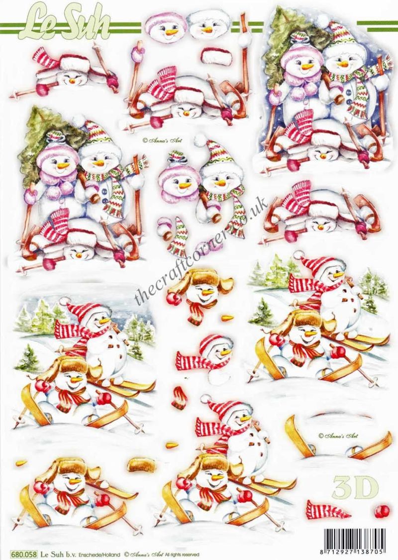 Snowmen Skiing Die Cut 3d Decoupage Sheet