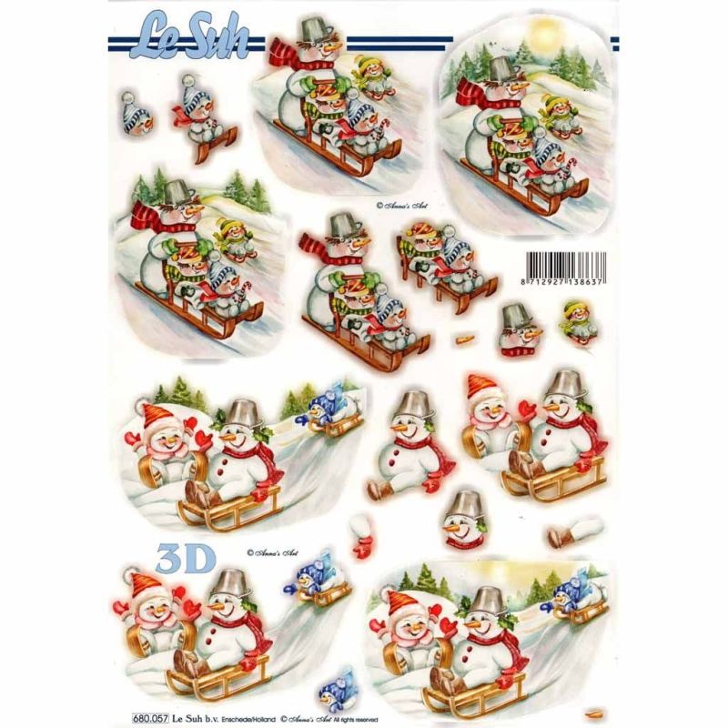 Snowmen Sledging Die Cut 3d Decoupage Sheet