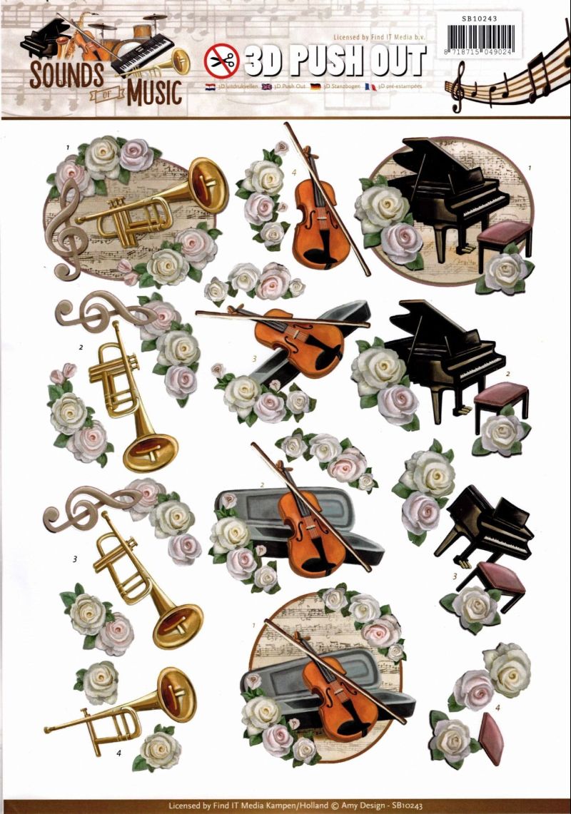 Sounds of Music Classical Instruments - Amy Designs 3D decoupage Die Cut Sheet