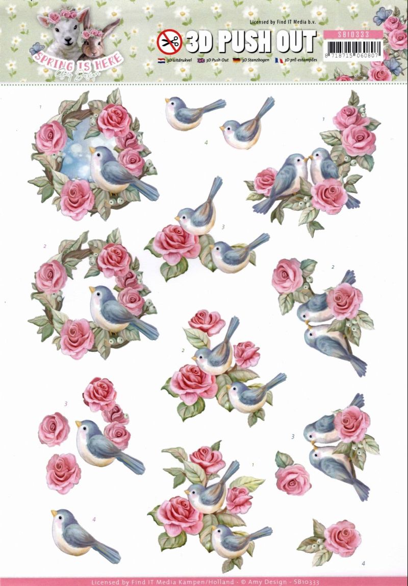 Spring is Here Birds & Roses - Amy Designs 3D decoupage Die Cut Sheet