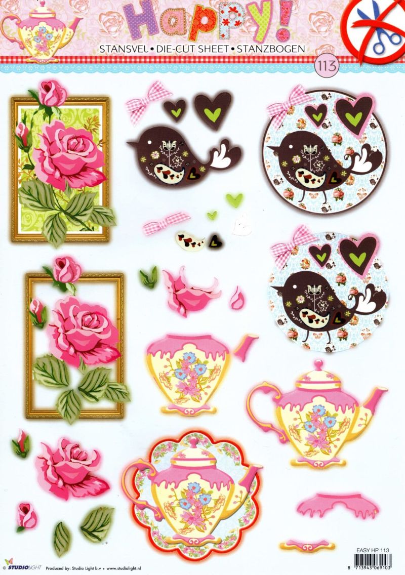 Teapot, Bird & Rose Happy Designs Die Cut 3d Decoupage Sheet - NO CUTTING