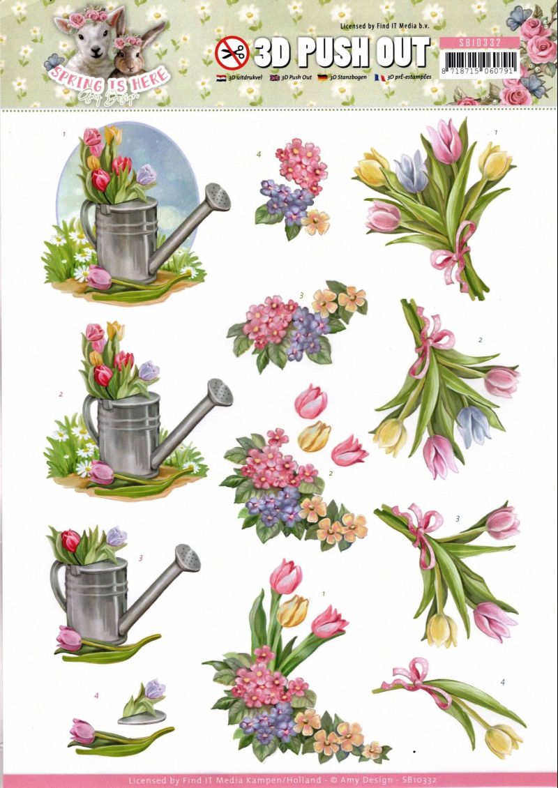 Tulips In Watering Can Die Cut 3d Decoupage Sheet