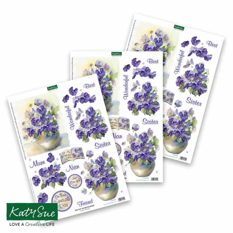 Vases of Pansies 3pk Die Cut 3d Decoupage Craft Sheets by Katy Sue