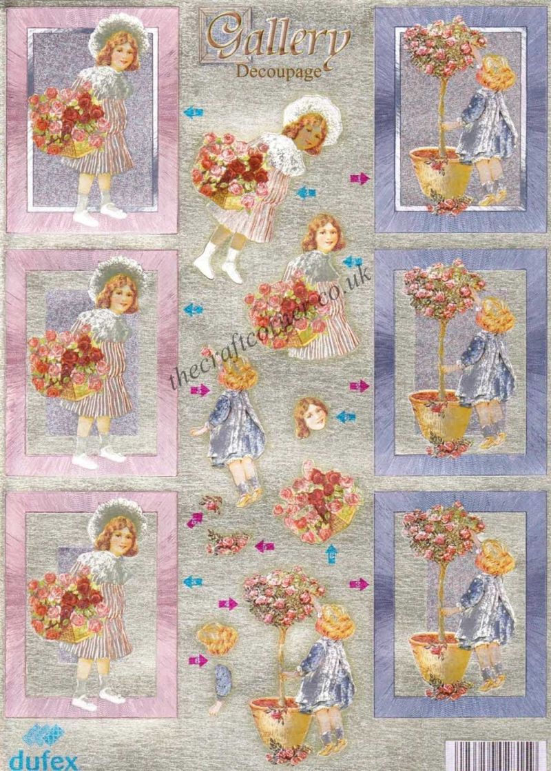 Victorian Girls With A Flower Basket & Picking Roses Die Cut 3d Decoupage Sheet From Dufex