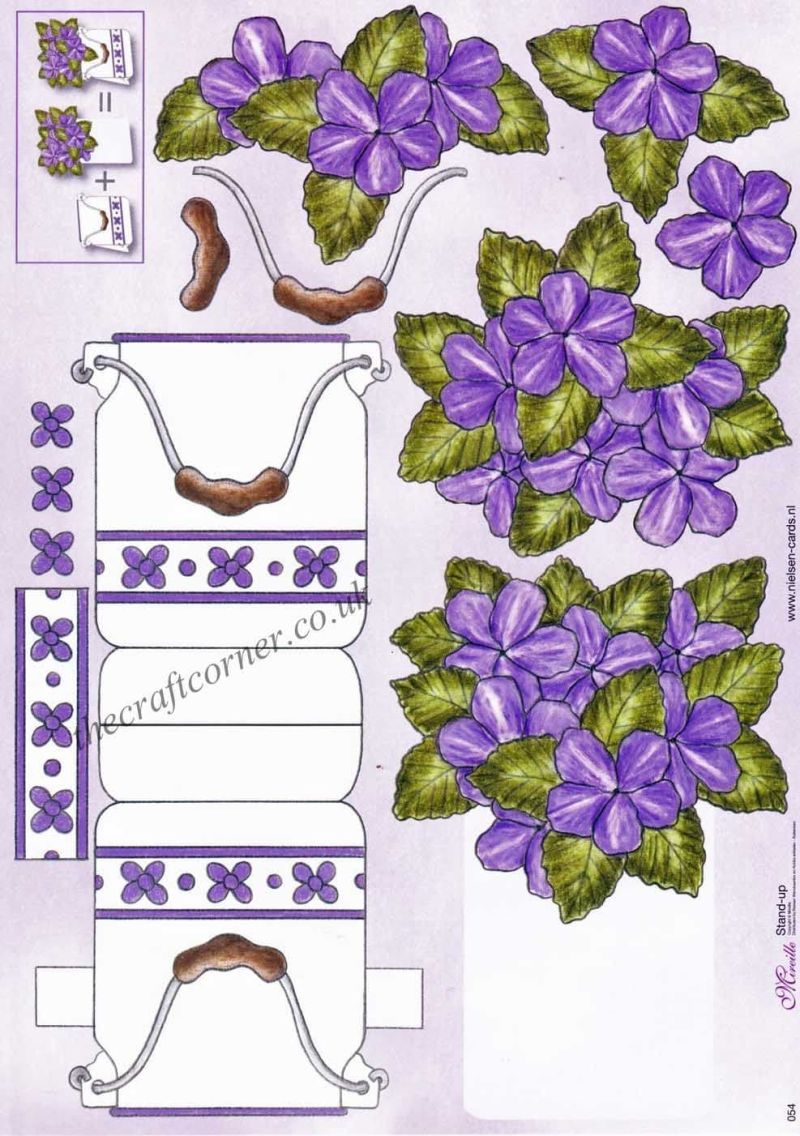 Violet Flowers In A Pretty White & Purple Bucket Stand Up 3d Decoupage Sheet