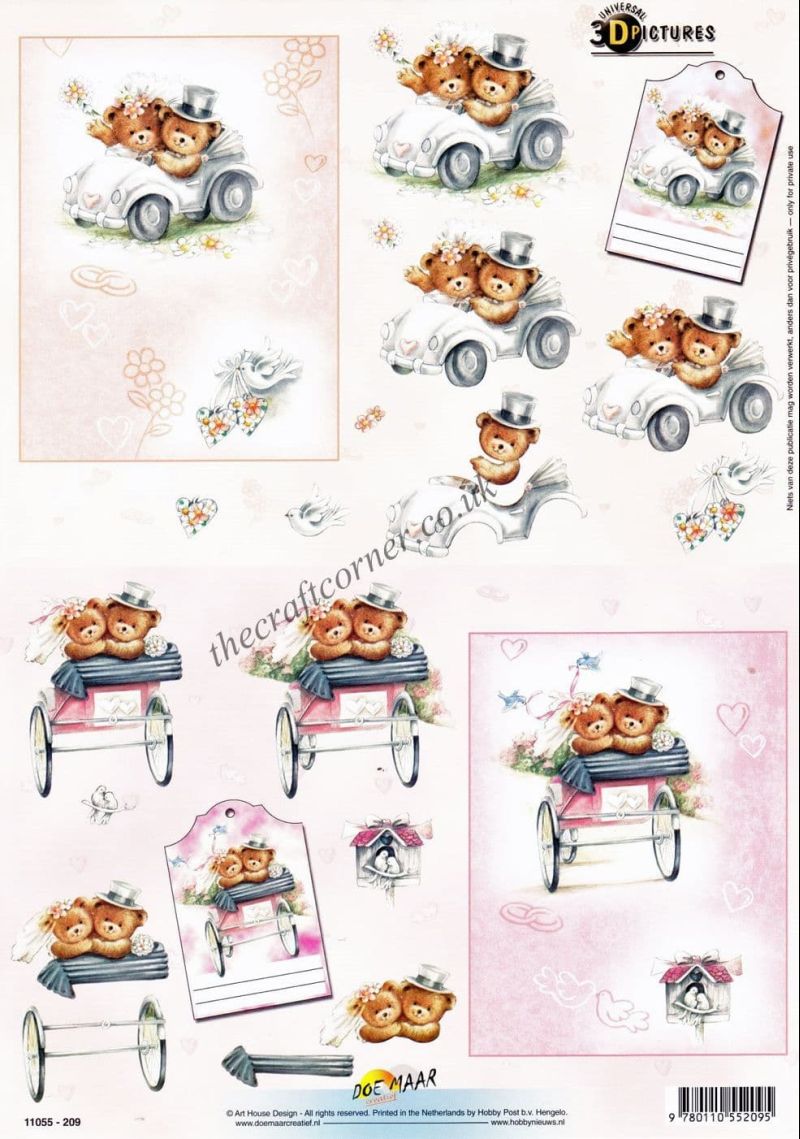 Wedding Day Teddy Bears 3d Decoupage Craft Sheet