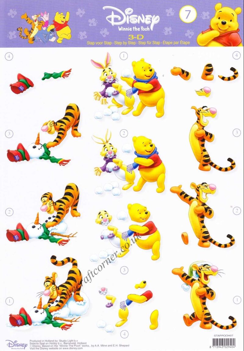 Winnie the Pooh 7 Winnie The Pooh, Tigger & Rabbit Snow Fun 3d Decoupage Sheet.