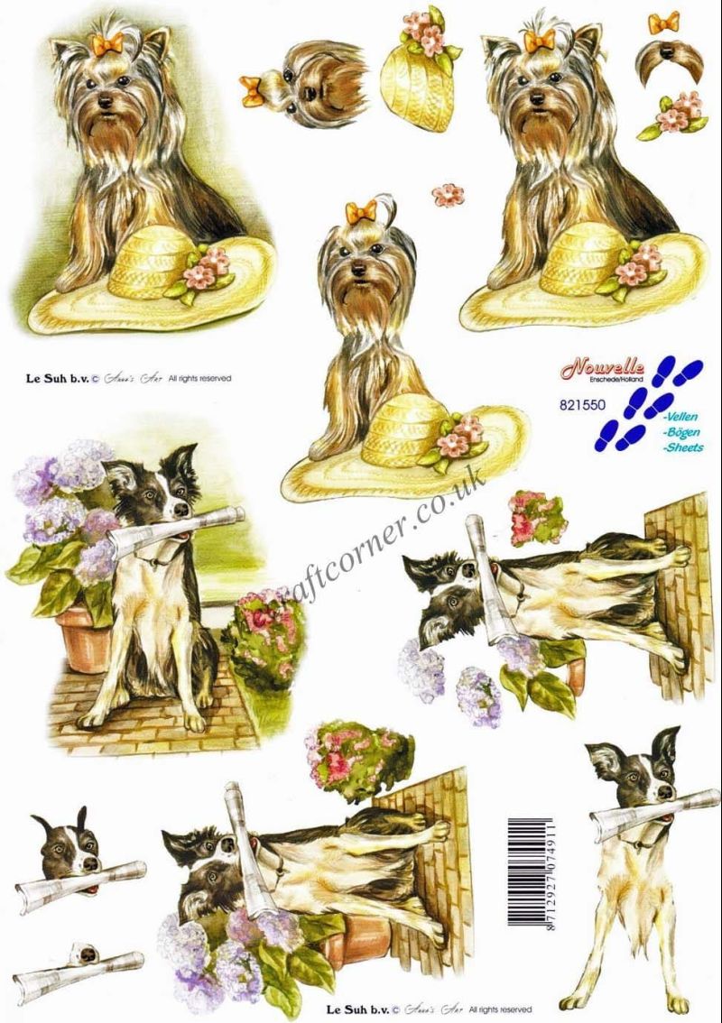 Yorkshire Terrier & Border Collie Dogs 3d Decoupage Sheet