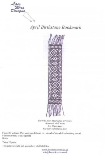 April Birthstone Bookmark Torchon Bobbin Lace