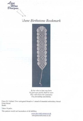 June Birthstone Bookmark Torchon Bobbin Lace 