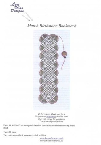 March Birthstone Bookmark Torchon Bobbin Lace