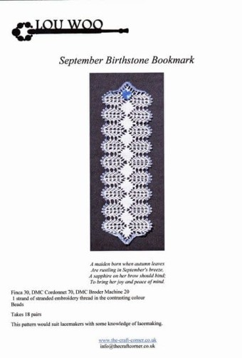 September Birthstone Bookmark Torchon Bobbin 