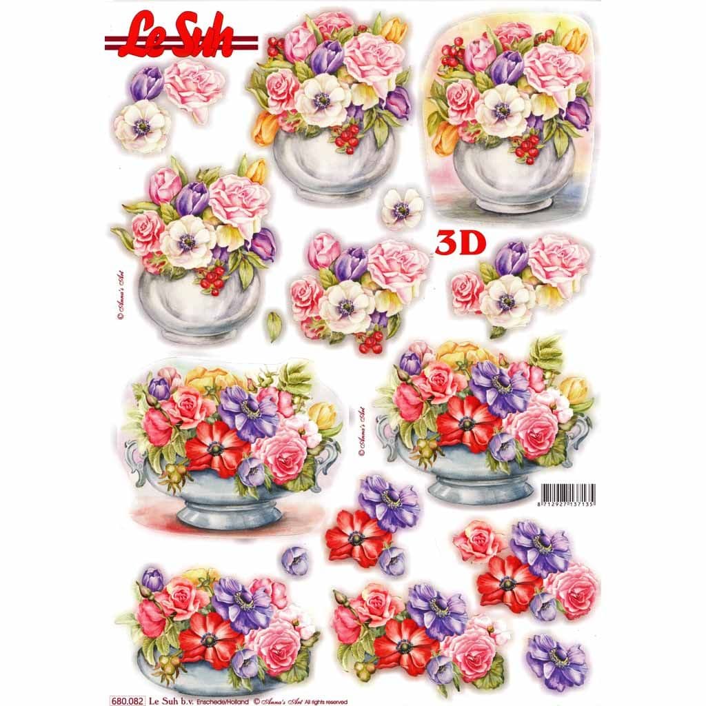 Anemone Flowers In Vases Die Cut 3d Decoupage Sheet From Le Suh - NO CUTTING