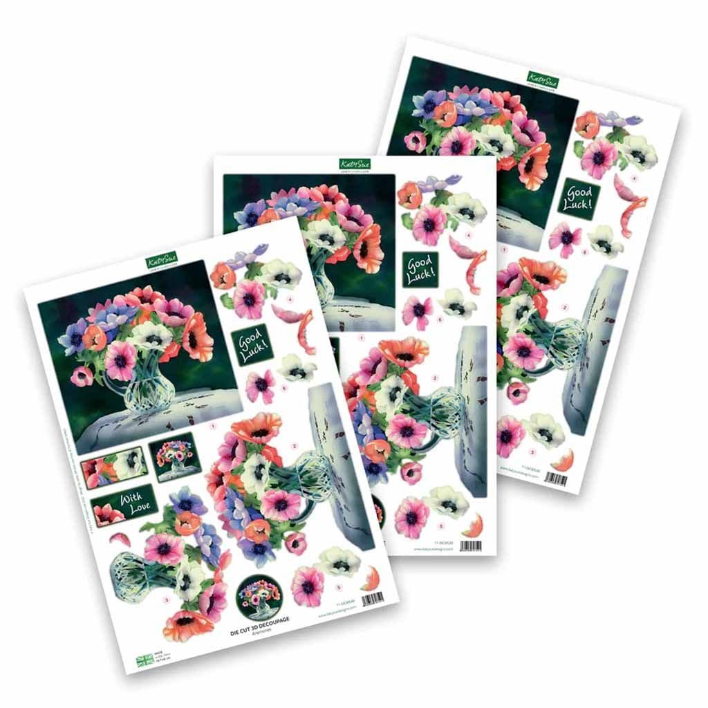 Anemones 3pk Die Cut 3d Decoupage Craft Sheets by Katy Sue