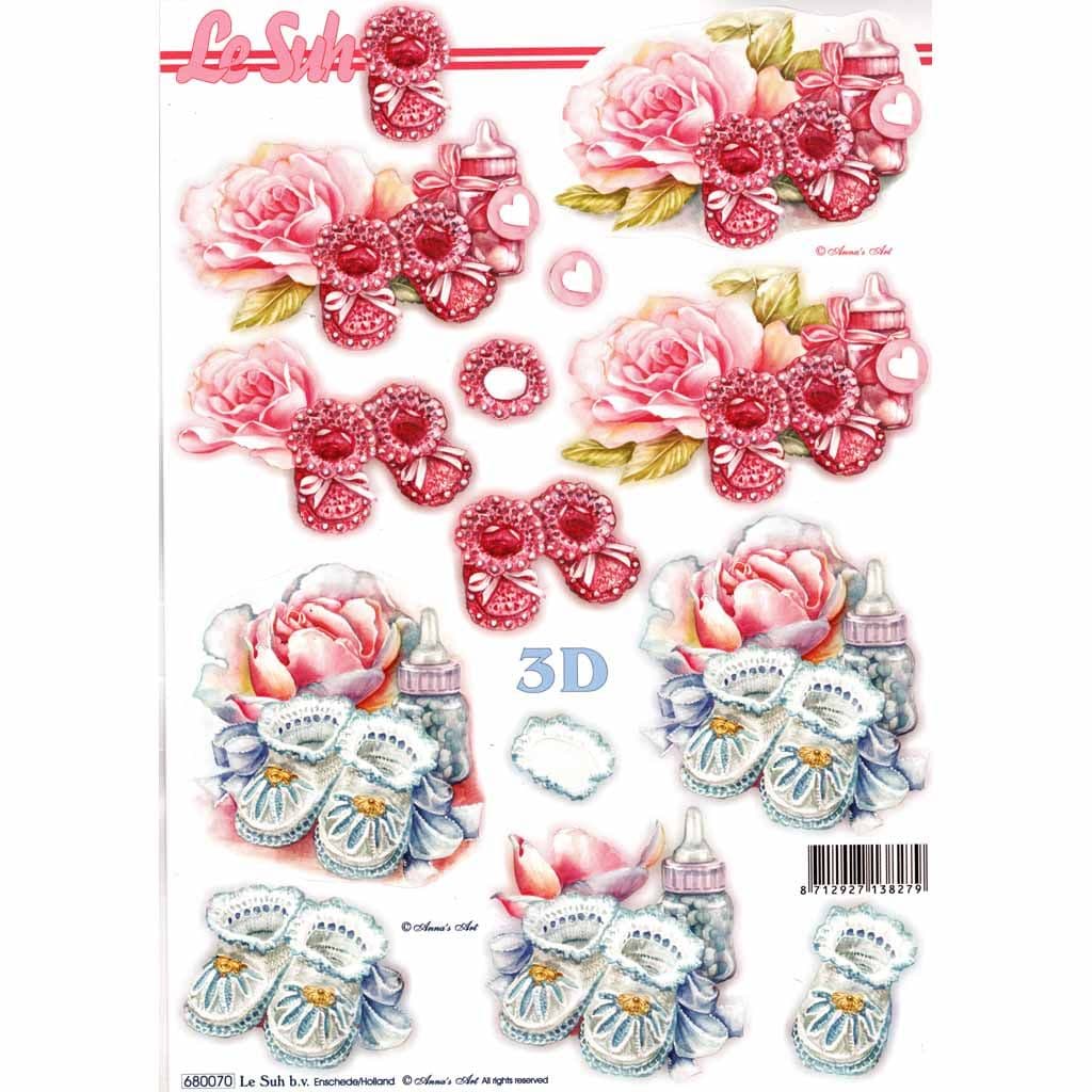 Baby Booties In Pink & Blue Paper Crafts Die Cut 3d Decoupage Sheet NO CUTTING