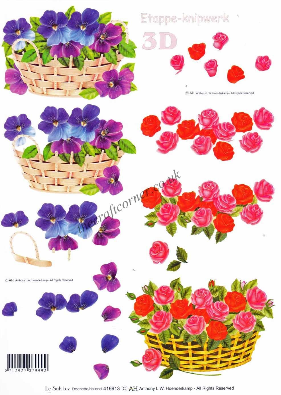 Basket of Pansy & Rose Flowers 3d Decoupage Craft Sheet