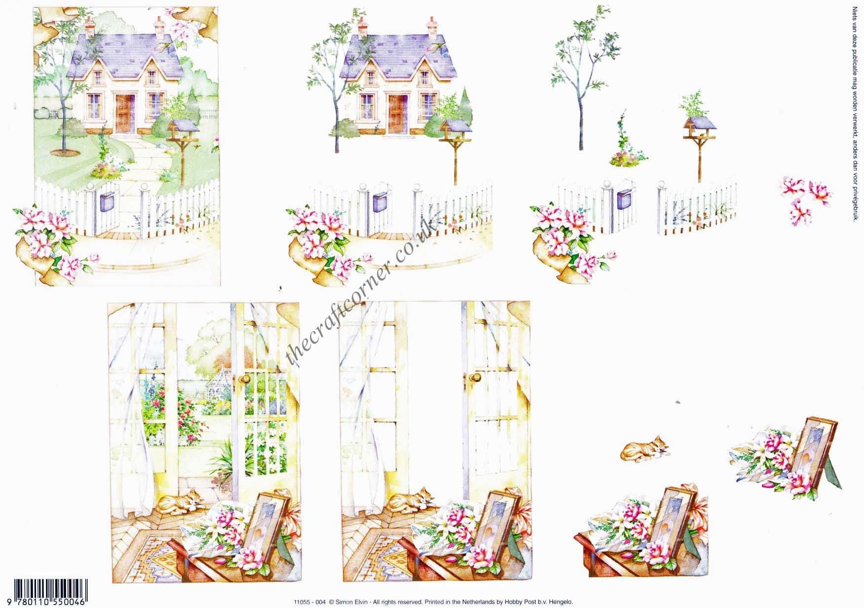 Cat Asleep On A Summer's Day & A Summer Cottage New Home 3d Decoupage Sheet