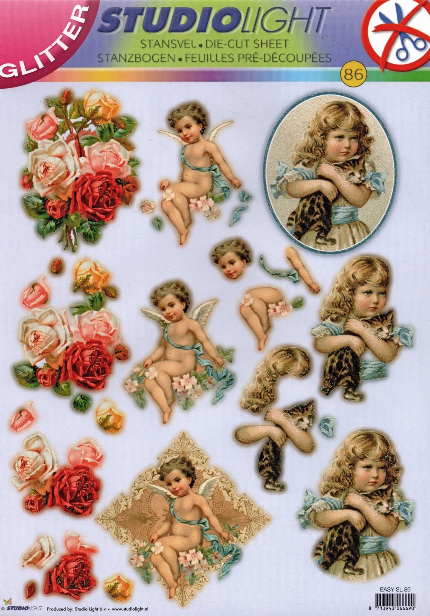 Cherub, Roses & a Little Girl with Her Cat 3D Decoupage Die Cut Sheet - No Cutting Required