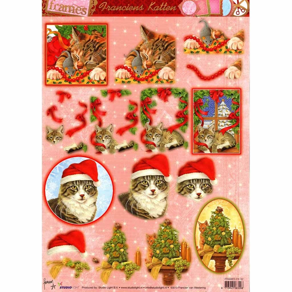 Christmas Cat In Santa Hat Die Cut 3d Decoupage Sheet - NO CUTTING