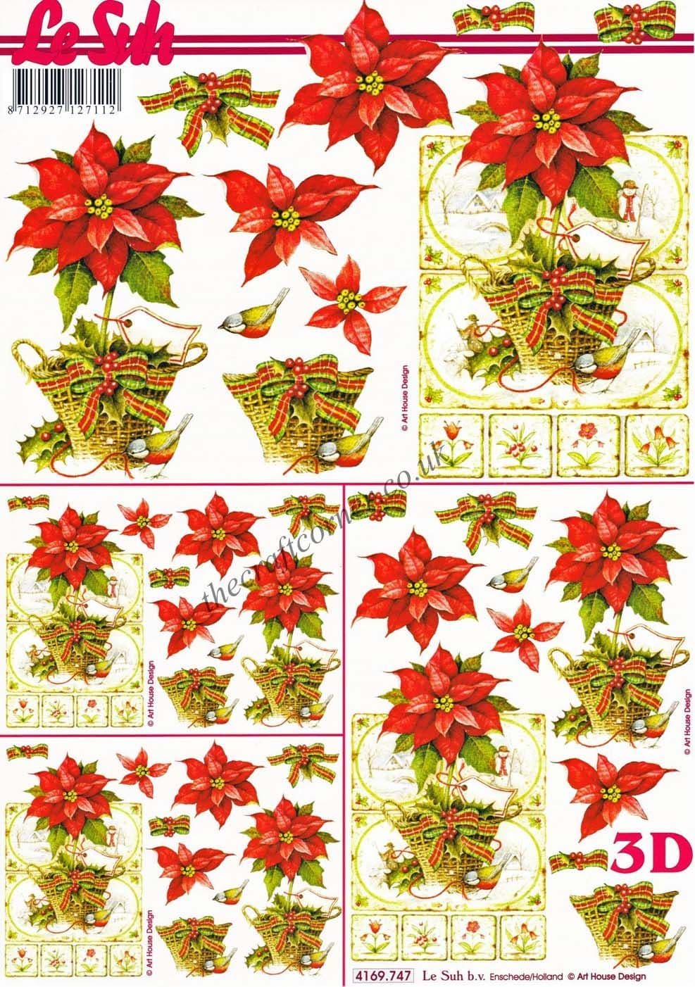 Christmas Poinsettia Flowers 3d Decoupage Sheet