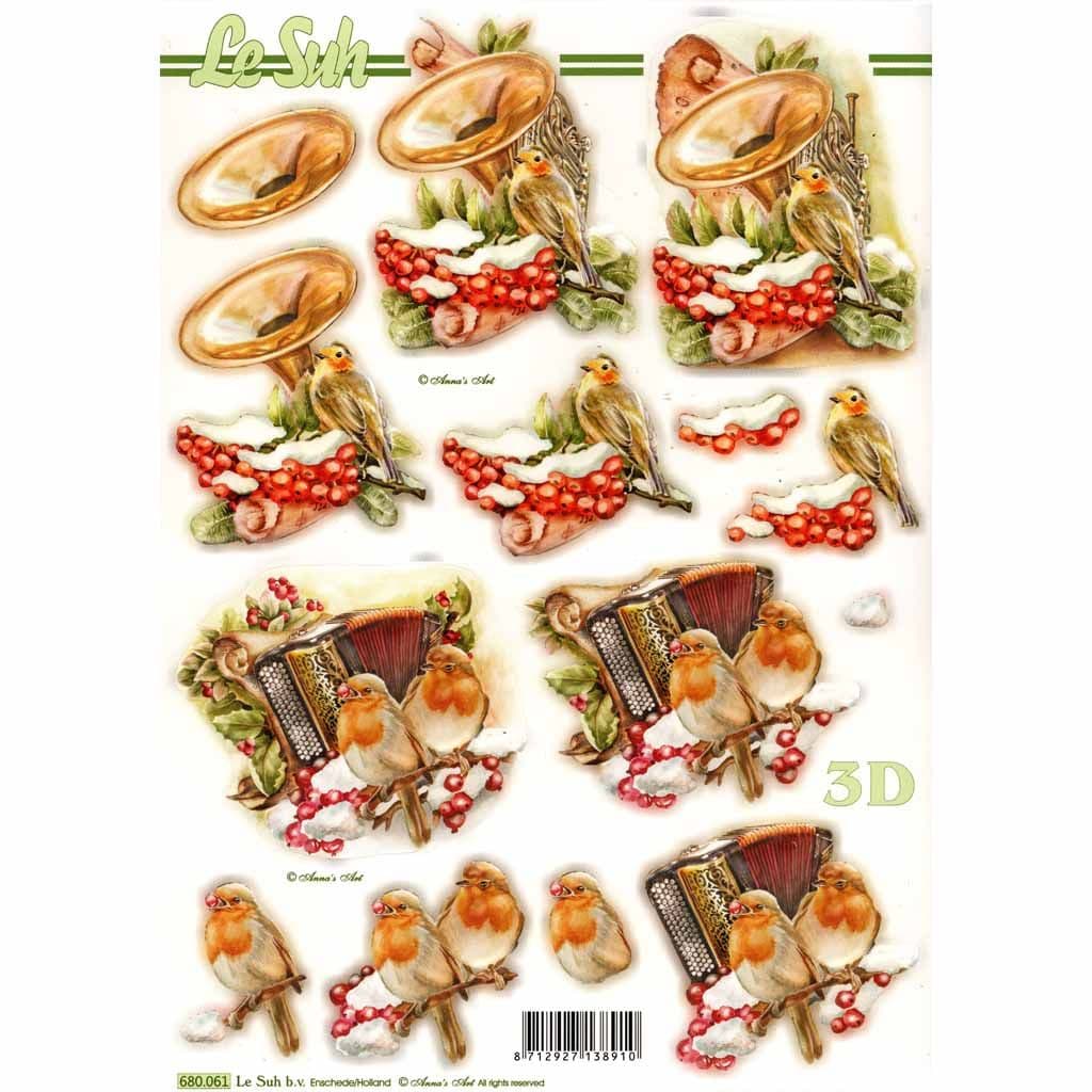 Christmas Robins & Instruments Die Cut 3d Decoupage Craft Paper - NO CUTTING