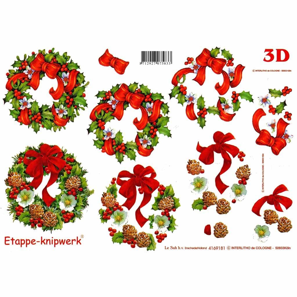 Christmas Rose With Holly Wreath Designs 3d Decoupage Craft Sheet